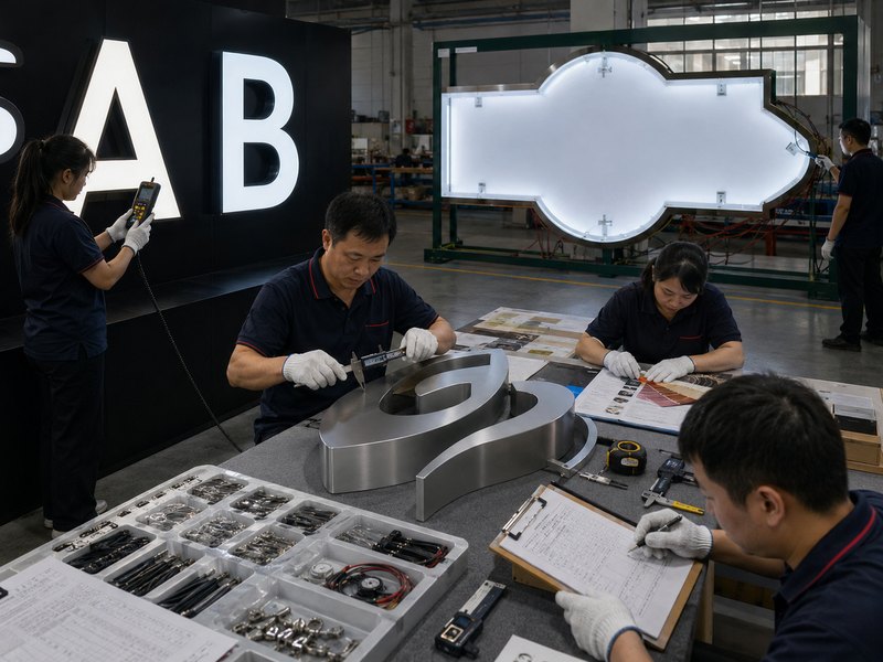 QC inspectors checking dimensions, finishes, electrical performance, illumination uniformity, accessories, and extended sign testing.