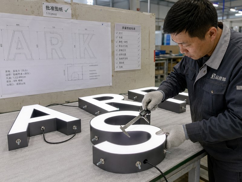 Custom sign quality responsibilities checked against approved manufacturing specifications