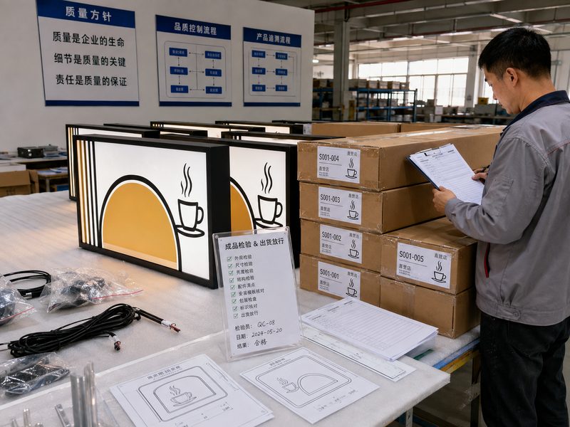 Custom sign quality traceability with QC records store-coded packaging and shipment release
