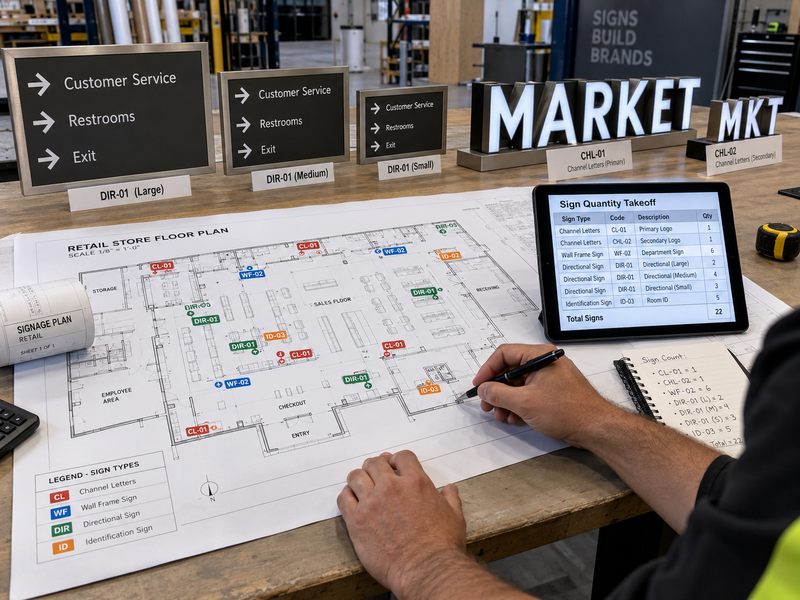 Sign quantity takeoff from location plans with signs classified by type, size and project location