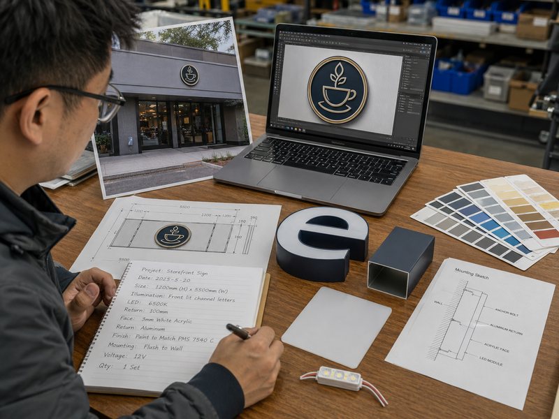 Storefront photo, logo, dimensions and specifications prepared for a sign quote