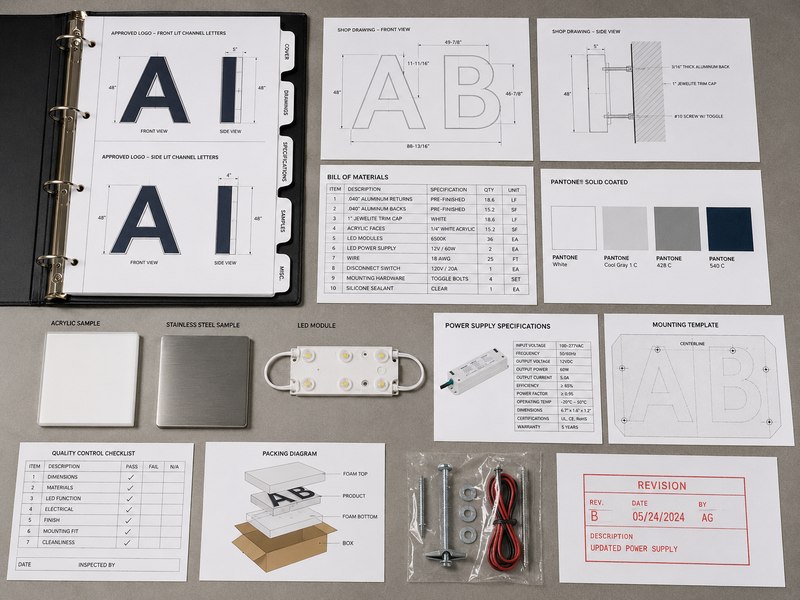 Complete sign reorder file package with drawings, BOM, color samples, LED specifications, mounting template and QC checklist