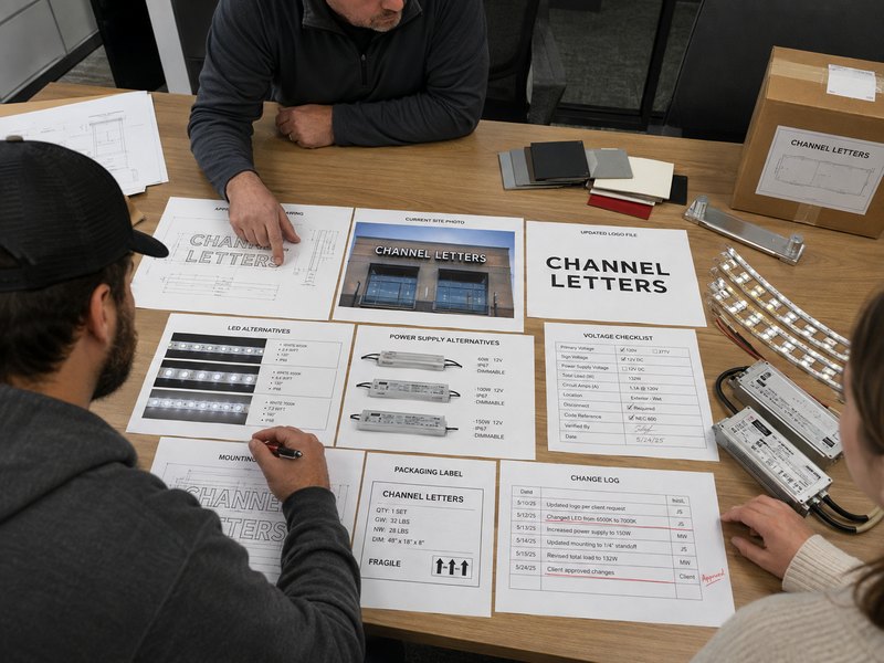 Pre-production sign reorder review with approved drawings, material samples, LED options, mounting template and change log