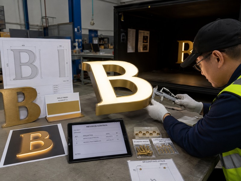 Sign factory inspector comparing a reordered illuminated channel letter with approved drawings and golden sample