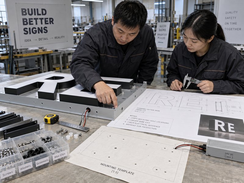 Final shop drawing review for channel letter raceway and backboard production requirements