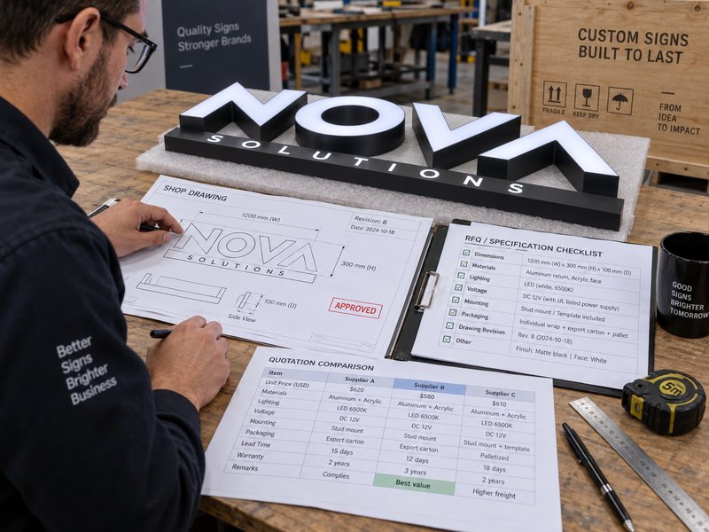 Sign RFQ review comparing drawings, specifications and custom channel letter requirements