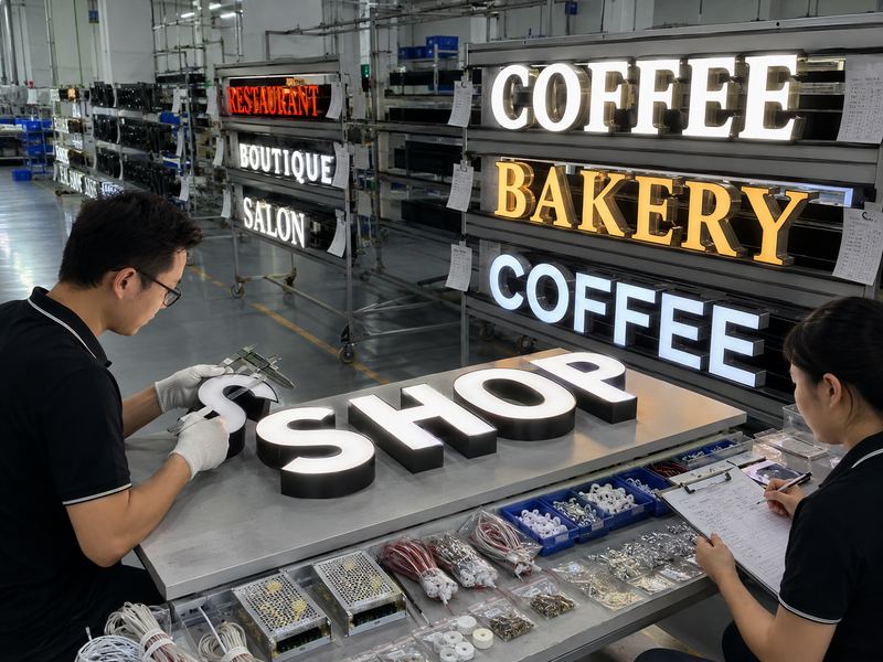 Illuminated channel letters undergoing factory quality inspection and long-duration lighting testing