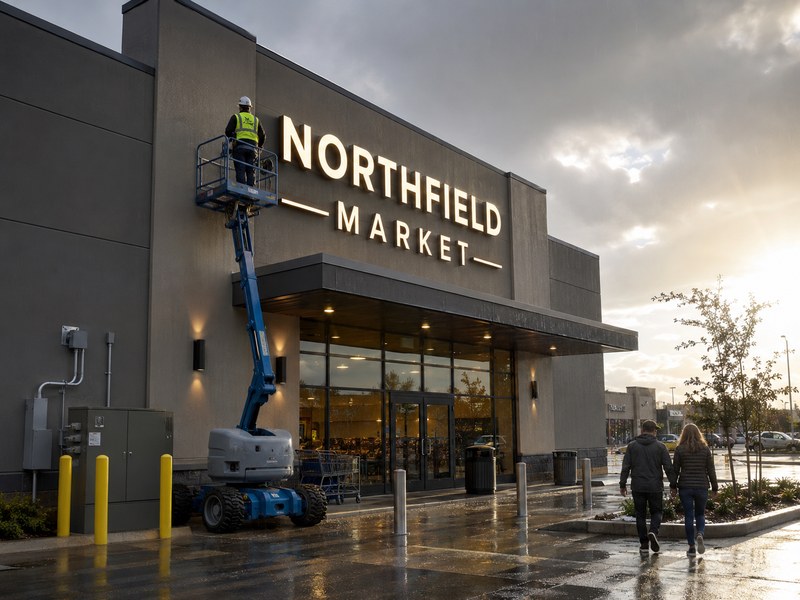 Elevated storefront sign affected by access weather and maintenance conditions