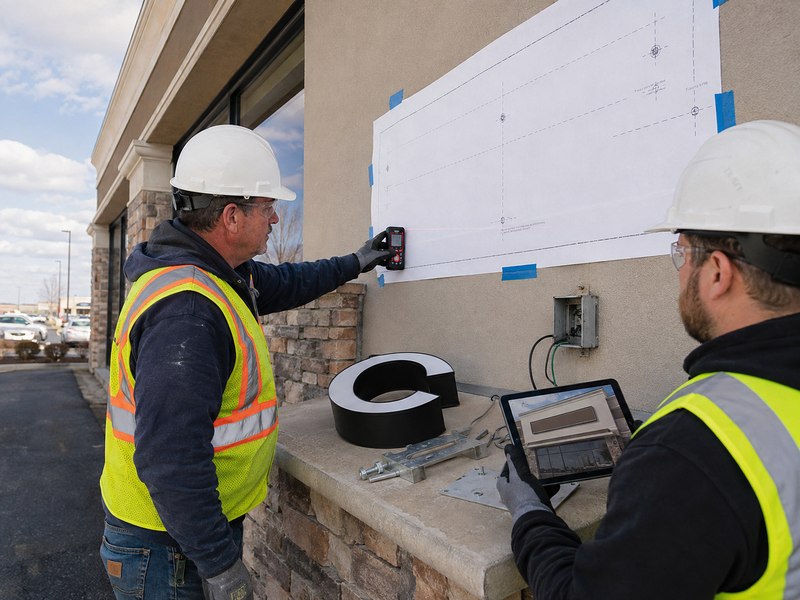 Sign engineer and installer measuring a storefront and reviewing mounting, electrical access, and channel letter installation details