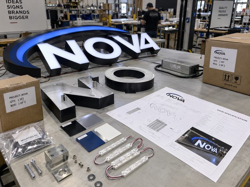 Sign specification requirements covering dimensions, materials, lighting, mounting and project information