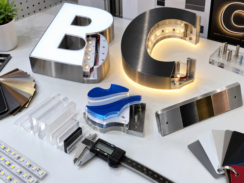 Custom LED channel letter construction showing materials thickness lighting and electrical specifications that affect price