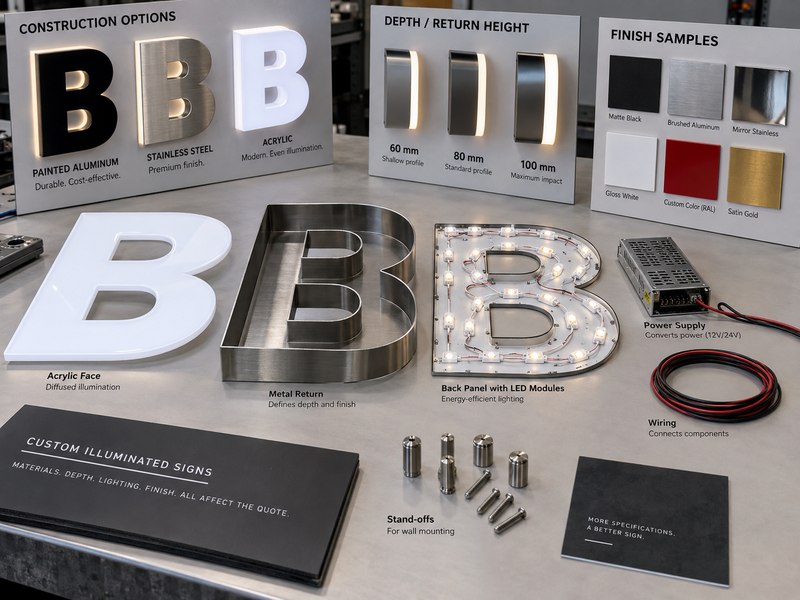 Commercial sign specifications including materials, lighting, depth and electrical components