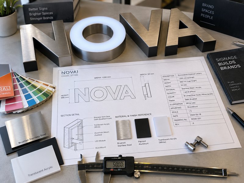 Custom sign specifications showing dimensions, materials, colors and channel letter details