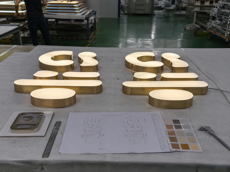 Matching custom signs checked for color lighting dimensions and production consistency