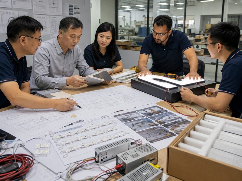 Sign engineers reviewing drawings, materials, LED layouts, quality inspection and illuminated sign testing