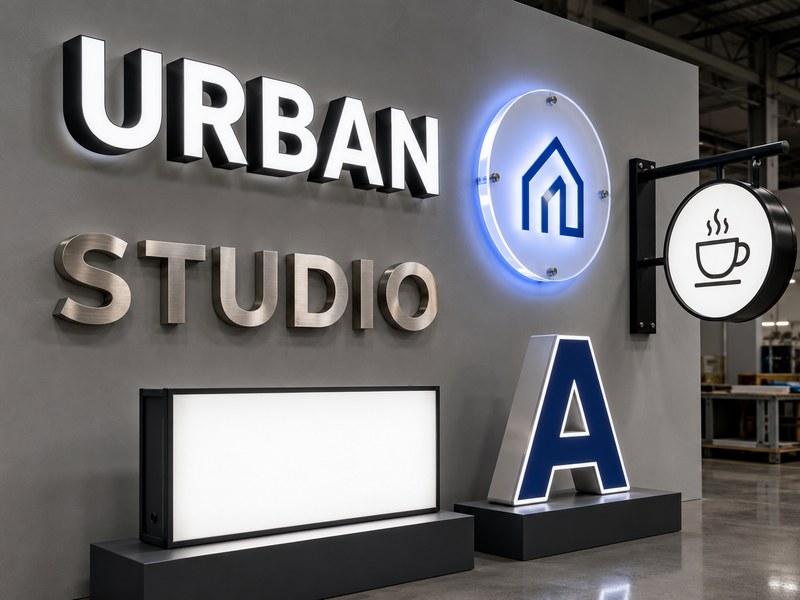 Commercial sign types and materials displayed for maintenance comparison