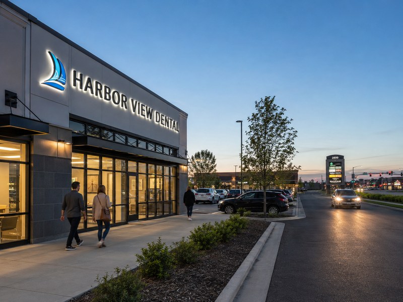Storefront channel letters viewed from pedestrian parking and road distances