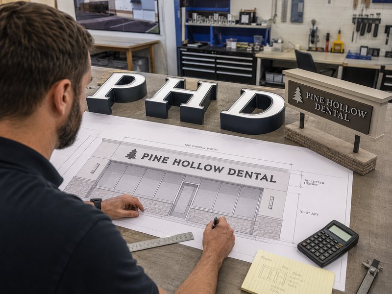 Sign drawing and channel letters reviewed for viewing distance before production