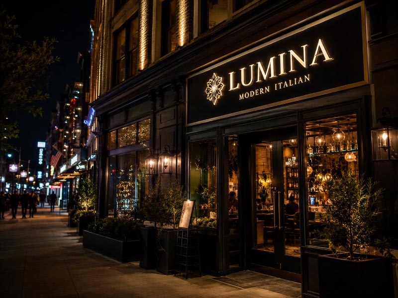 Illuminated storefront sign improving visibility and brand image at night