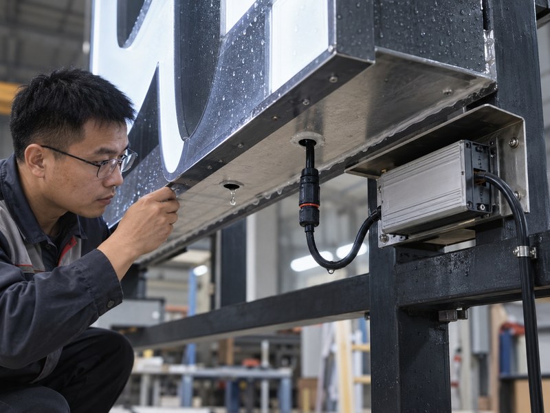 Waterproof sign construction with sealed joints, cable entry, connector, drainage and outdoor power supply