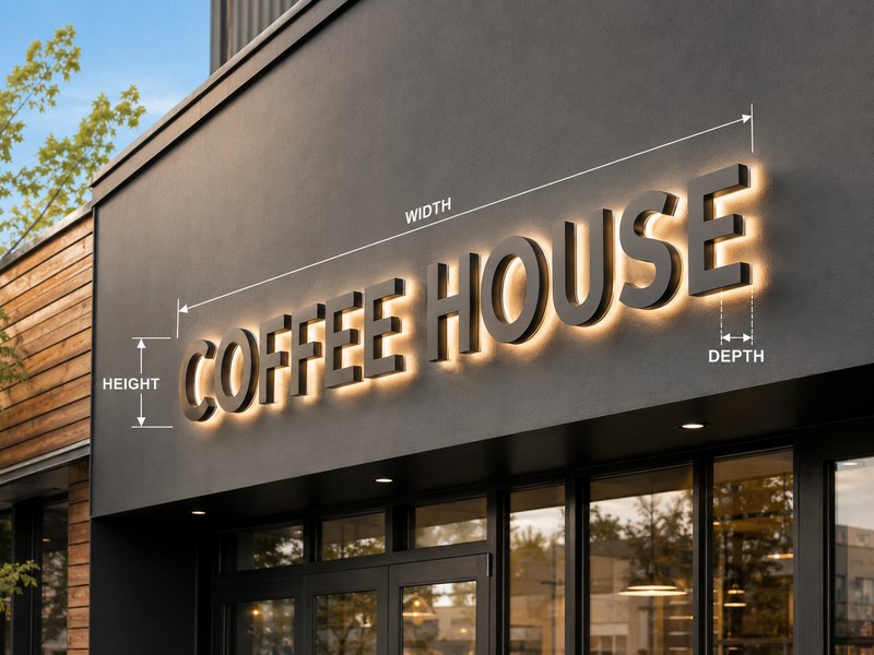 Custom sign showing width, height and depth dimensions for fabrication