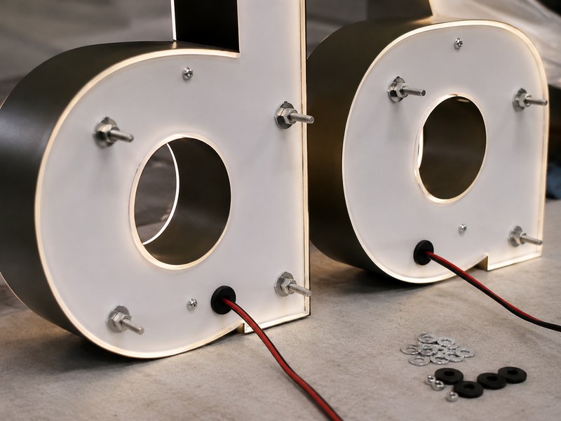 Rear wire exit on an illuminated channel letter with mounting studs and low-voltage cable