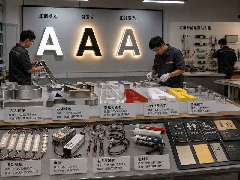 Signage materials, LED lighting systems, and serviceable components for multi-location projects