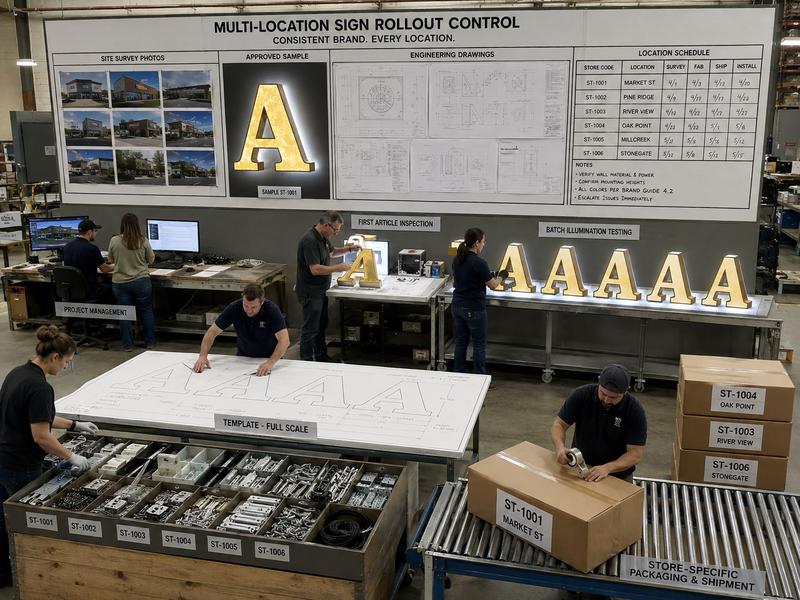Multi-location signage rollout control from approved sample to store-specific shipment