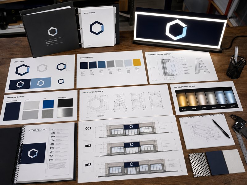 Multi-location signage standards with drawings, color samples, materials and illuminated sign prototype