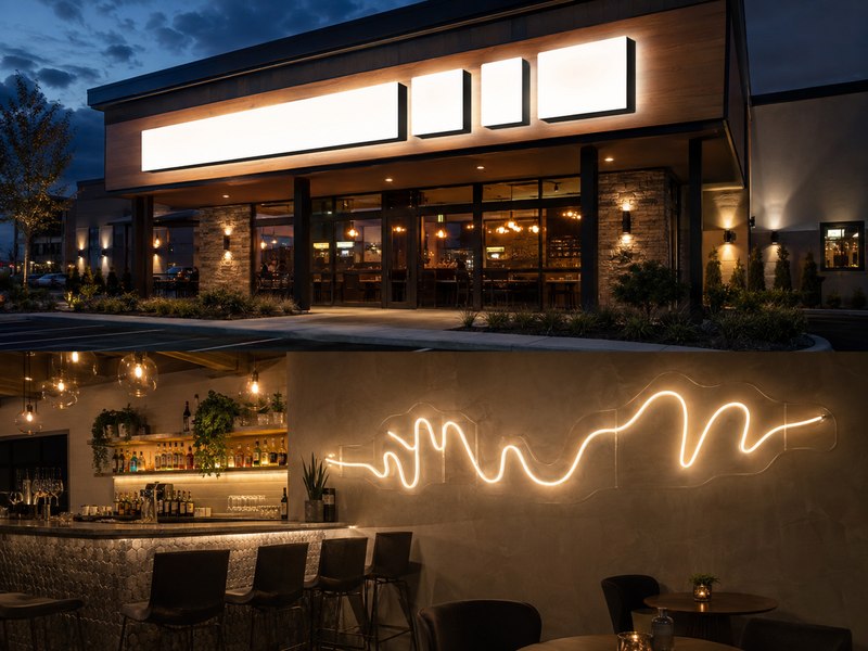Front-lit channel letters outside a restaurant with an LED neon feature sign inside