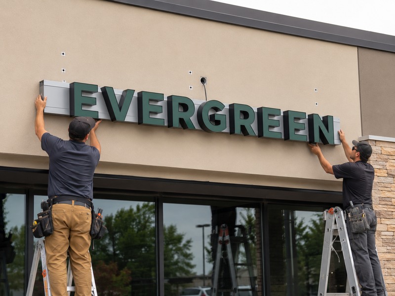 Installers mounting a preassembled channel letter raceway onto a storefront wall