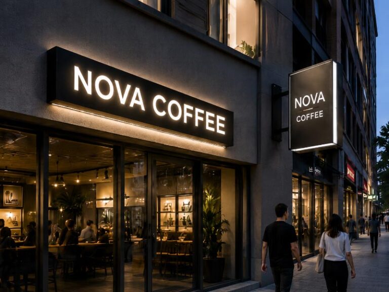 Single-sided wall sign and double-sided projecting sign on a commercial storefront