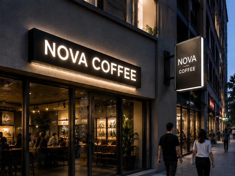 Single-sided wall sign and double-sided projecting sign on a commercial storefront