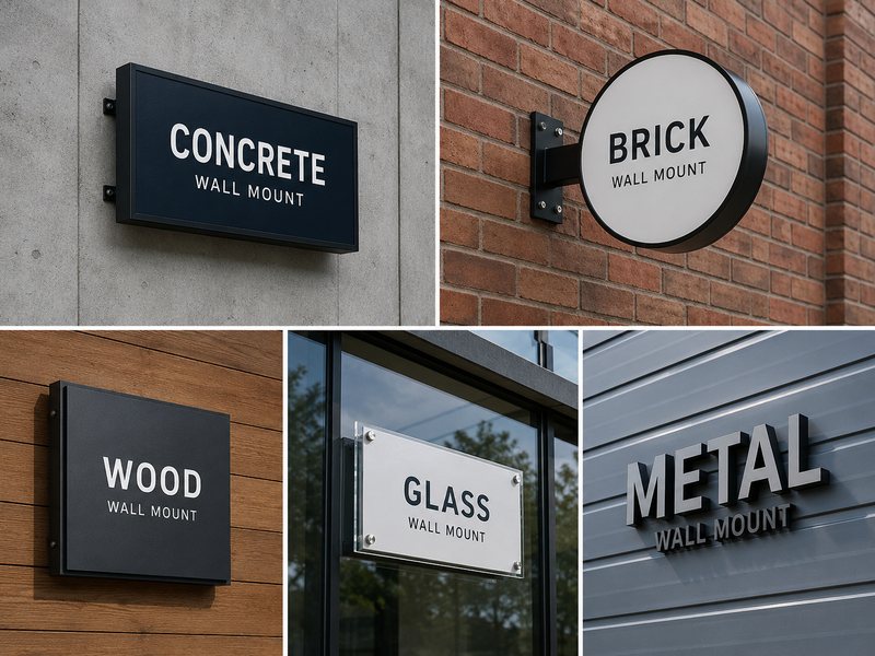 Sign installation on concrete brick glass and metal wall surfaces