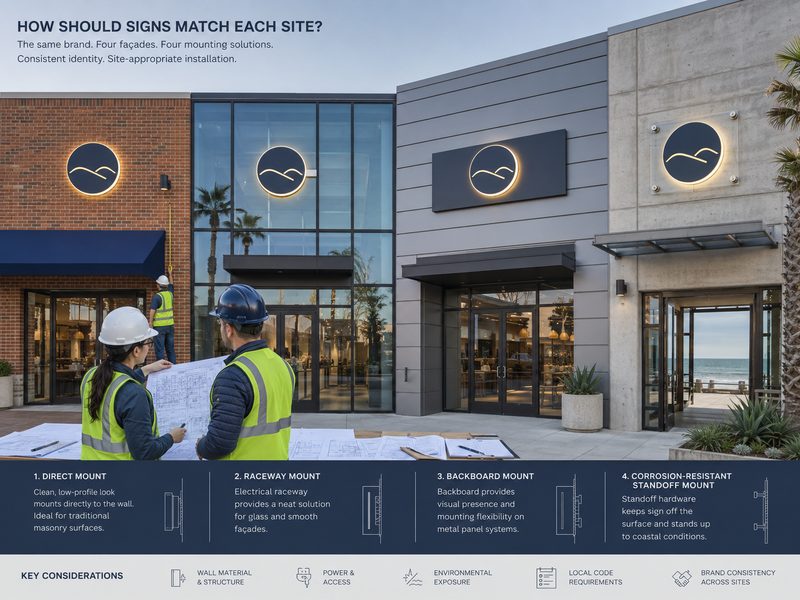 Commercial signs adapted to brick, glass, metal cladding and coastal building façades