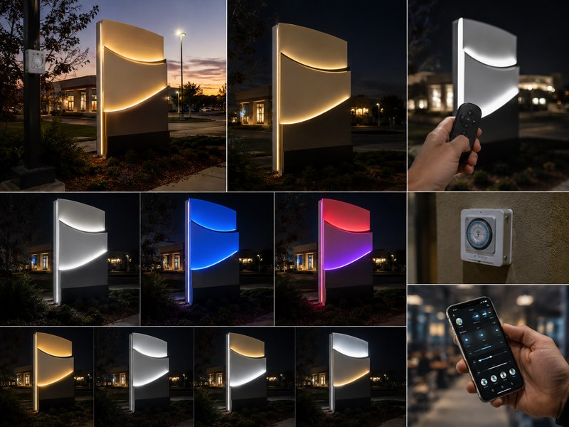 Commercial sign demonstrating timer, photocell, dimming, RGBW and zoned lighting control modes