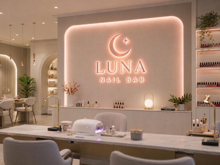 Soft LED sign on a modern nail salon wall
