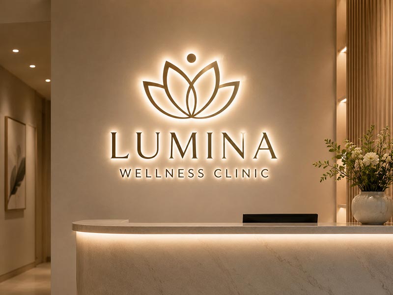 Soft white backlit clinic sign with comfortable lighting for reception areas