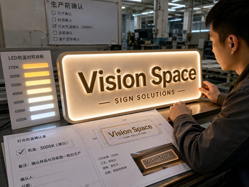 LED sign sample and production drawing used to confirm color and color temperature before manufacturing