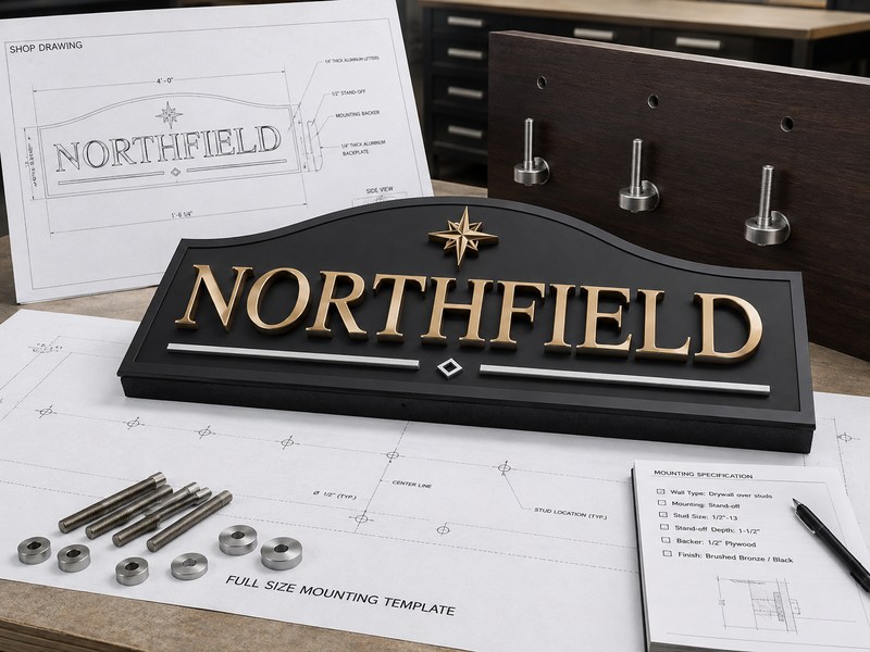 Shop drawing and mounting template for custom sign production