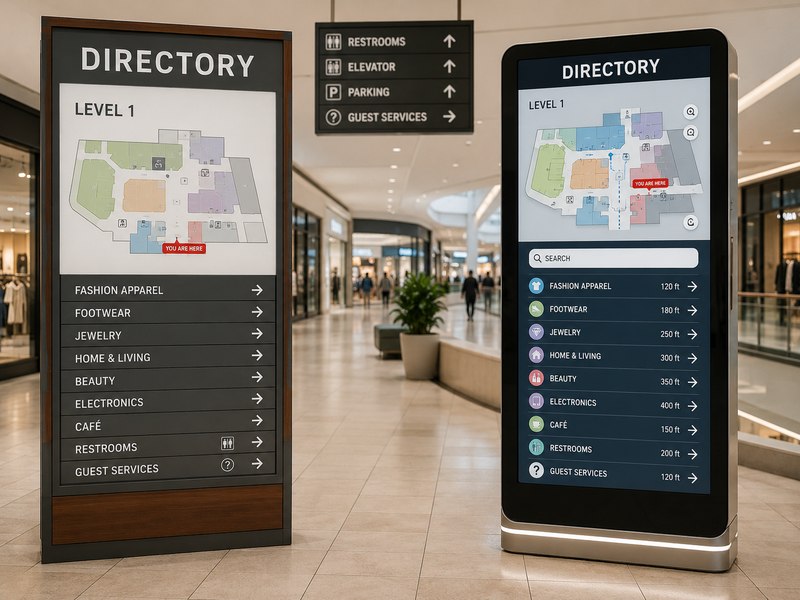 Static modular mall directory and digital directory compared within a hybrid shopping mall wayfinding system