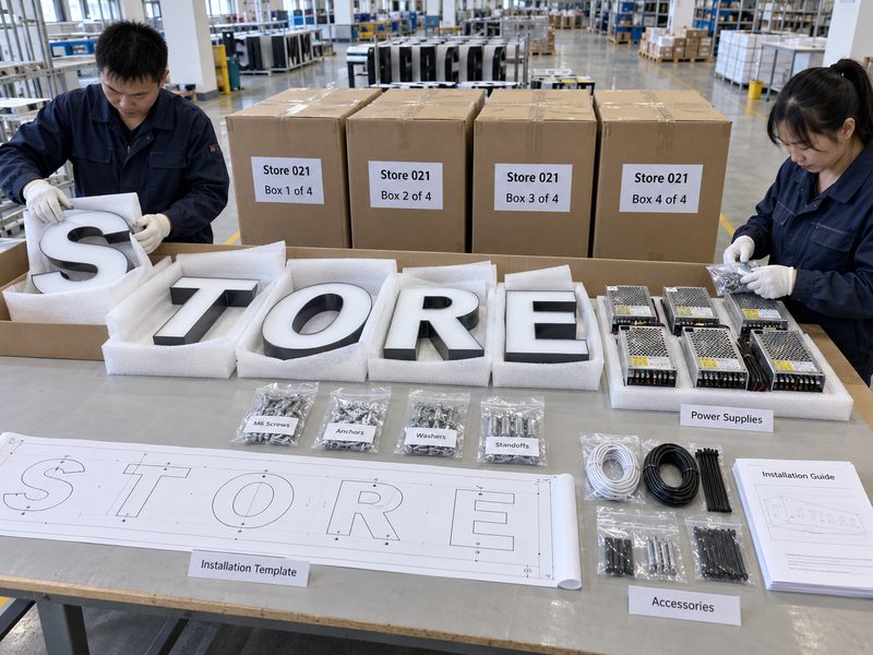 Store-by-store sign packing with channel letters, power supplies, hardware and numbered cartons