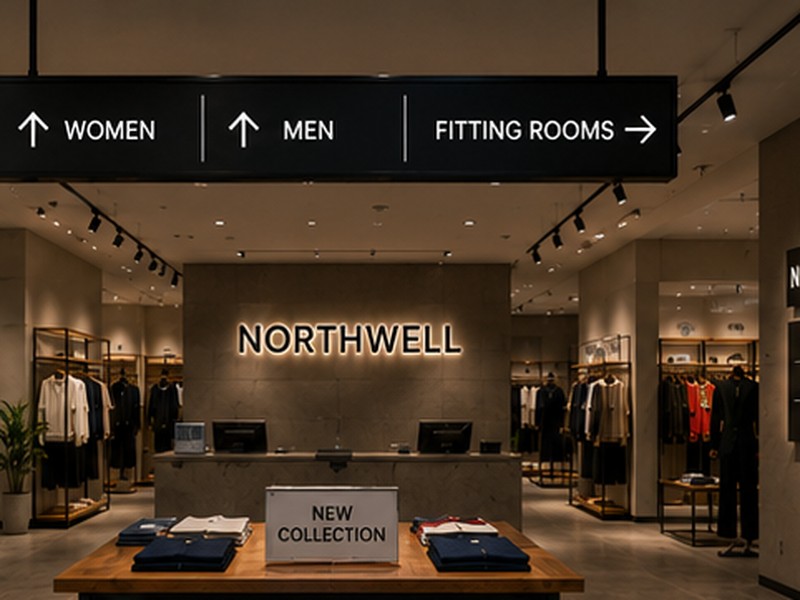 Exterior interior window and wayfinding signs in a complete store package
