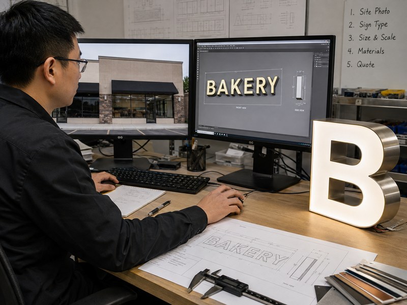 Sign engineer converting a storefront photo into a channel letter quotation