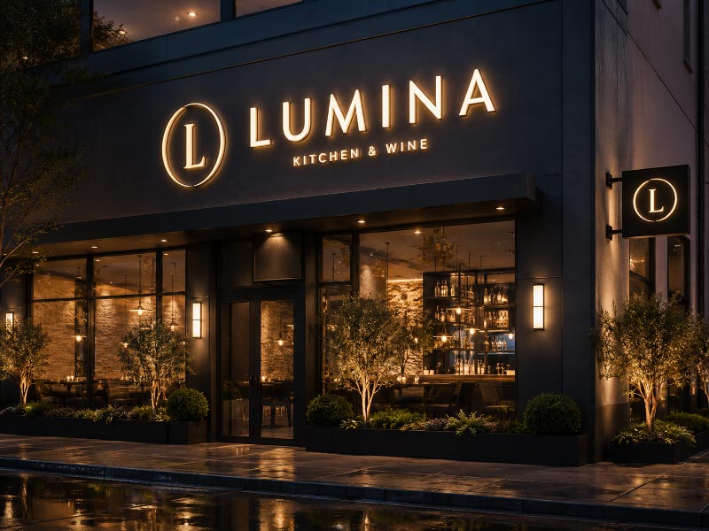 Illuminated storefront signs for brand identity and night visibility