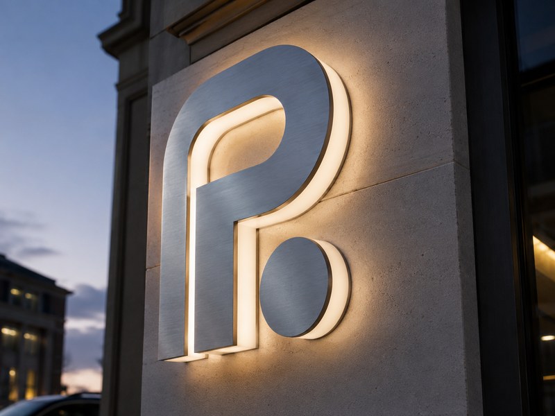 Close-up of stainless-steel storefront letters with aluminum returns, acrylic faces and controlled LED halo lighting