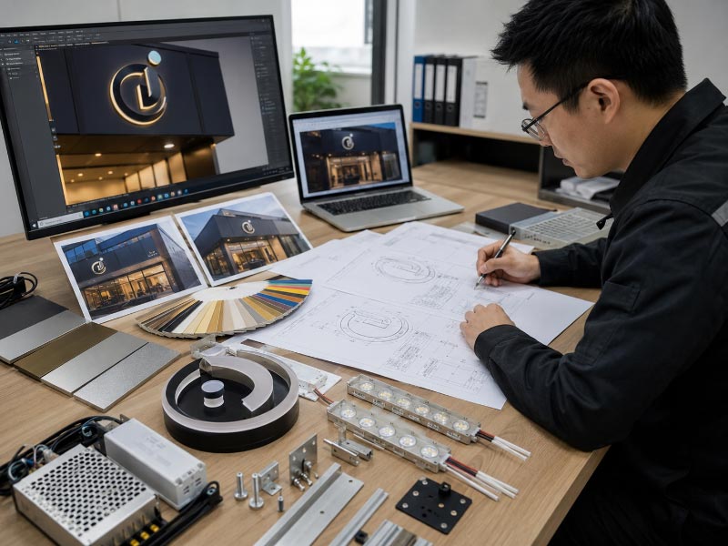 Storefront sign order review with drawings materials and lighting parts