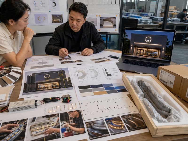 Custom storefront sign project review with drawings, material samples, LED components, mounting template, and approved rendering