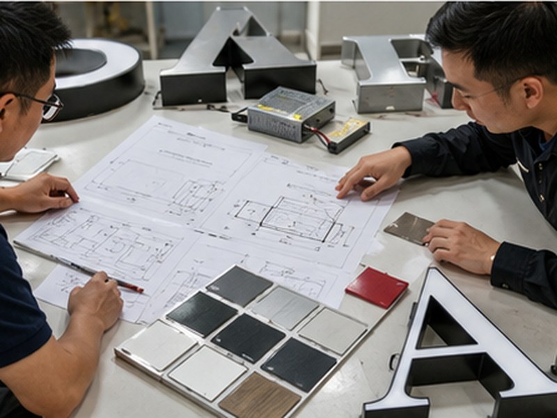 Engineers reviewing storefront sign drawings, materials, mounting, and electrical details