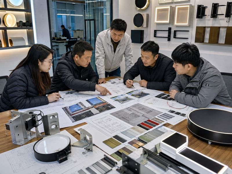 Engineers reviewing blade sign and wall-mounted sign designs for a storefront project